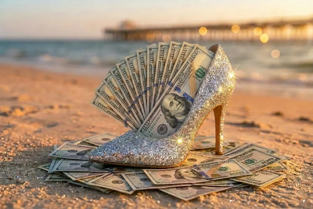 Progressive Slippers of Cash — diamond-encrusted glass slipper on hundred dollar bills