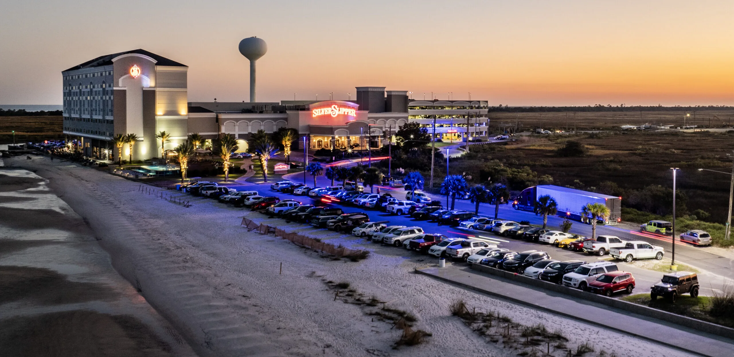 Aerial view of Silver Slipper Casino & Hotel and the Gulf Coast at sunset